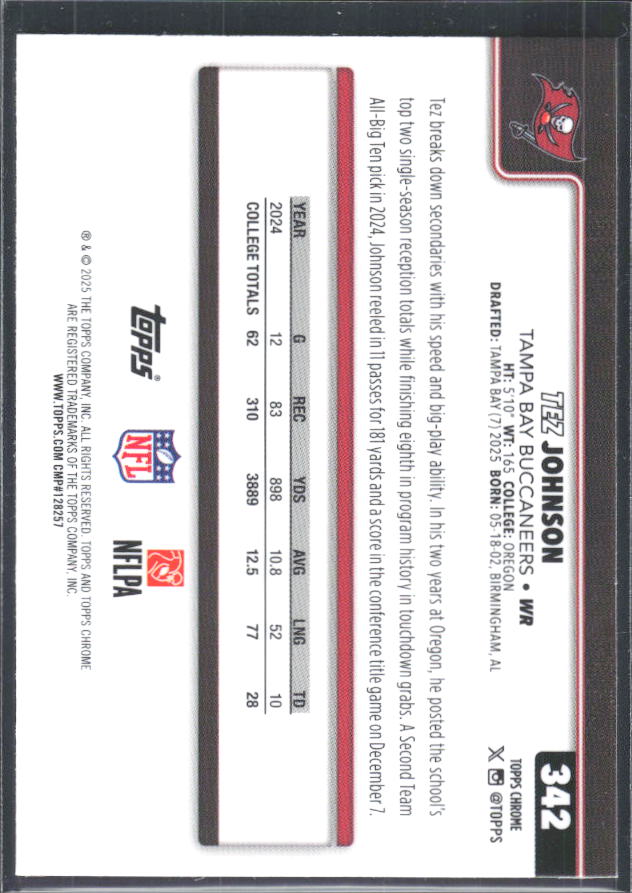 2025 Topps Chrome #342 Tez Johnson – baksida