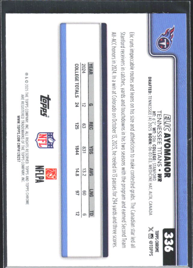 2025 Topps Chrome #336 Elic Ayomanor – baksida