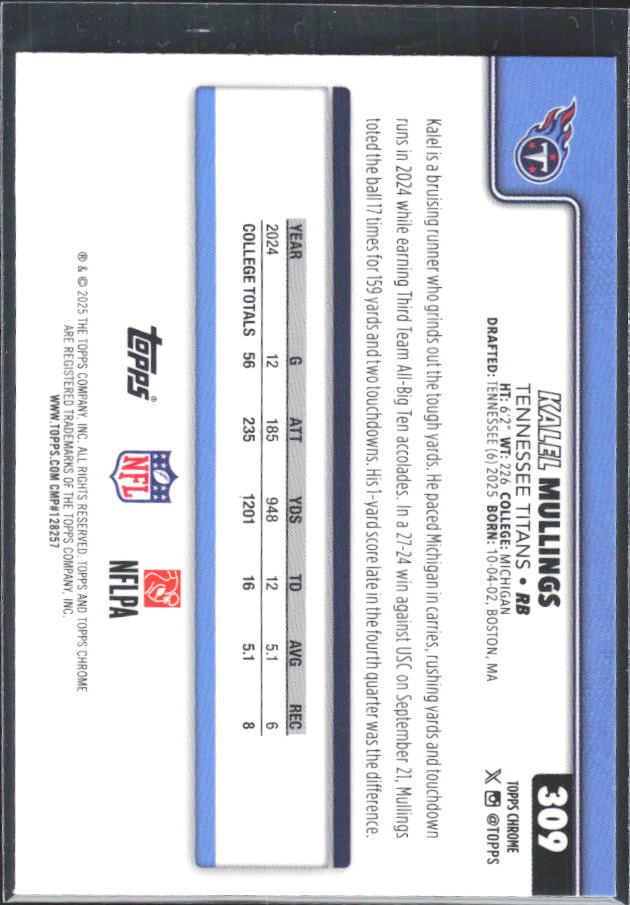 2025 Topps Chrome #309 Kalel Mullings – baksida