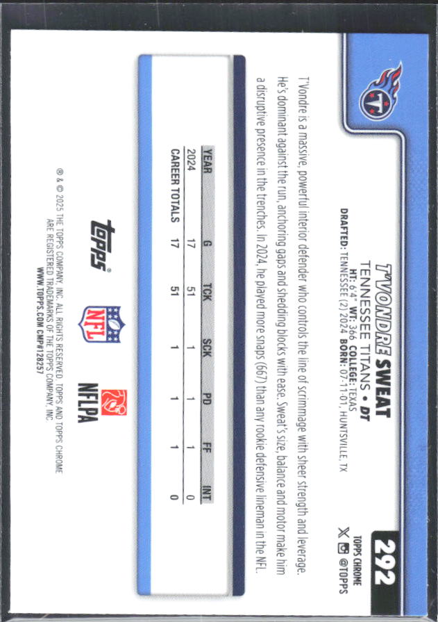 2025 Topps Chrome #292 T'Vondre Sweat – baksida