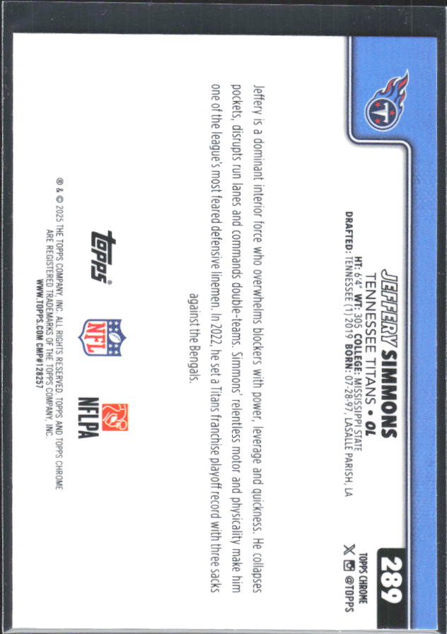 2025 Topps Chrome #289 Jeffery Simmons – baksida