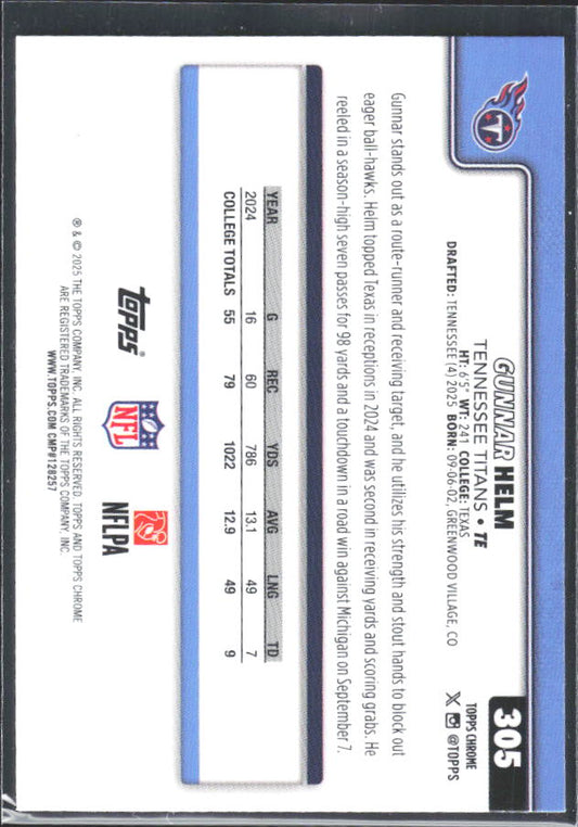 2025 2025 Topps Chrome #305 Gunnar Helm – baksida