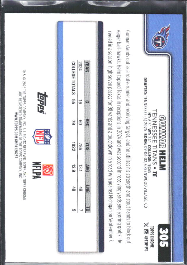2025 2025 Topps Chrome #305 Gunnar Helm – baksida
