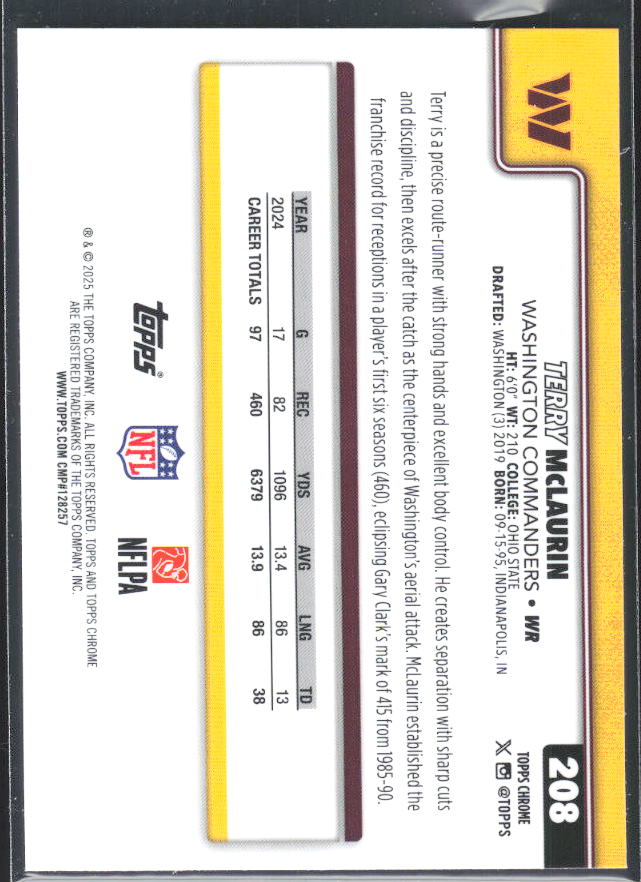 2025 Topps Chrome #208 Terry McLaurin – baksida