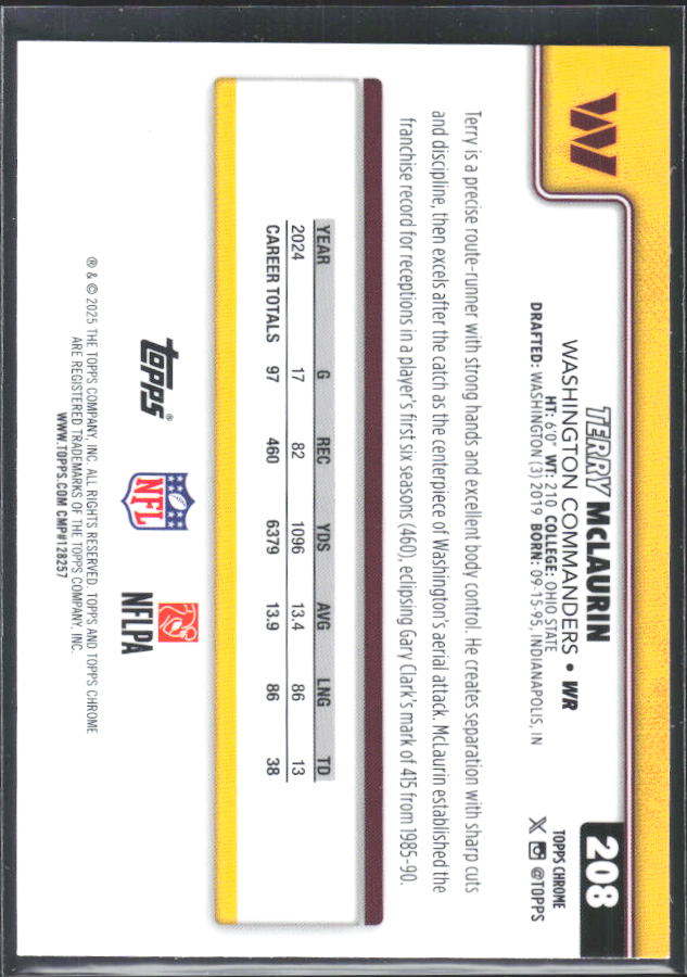 2025 Topps Chrome #208 Terry McLaurin – baksida