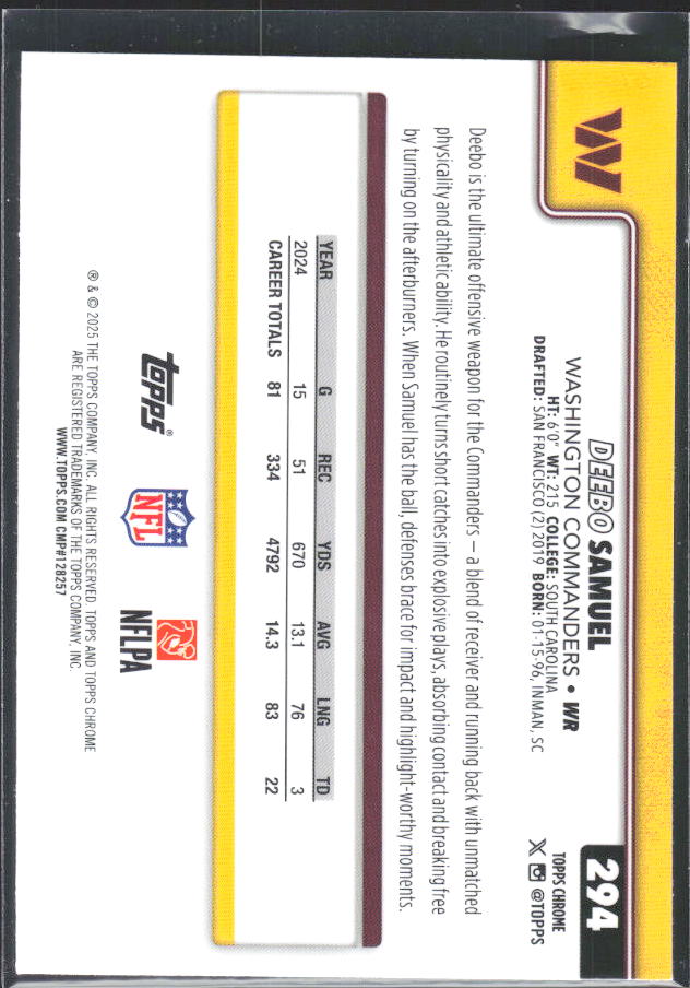 2025 Topps Chrome #294 Deebo Samuel – baksida