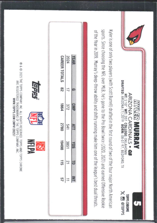 2025 Topps Chrome #5 Kyler Murray – baksida