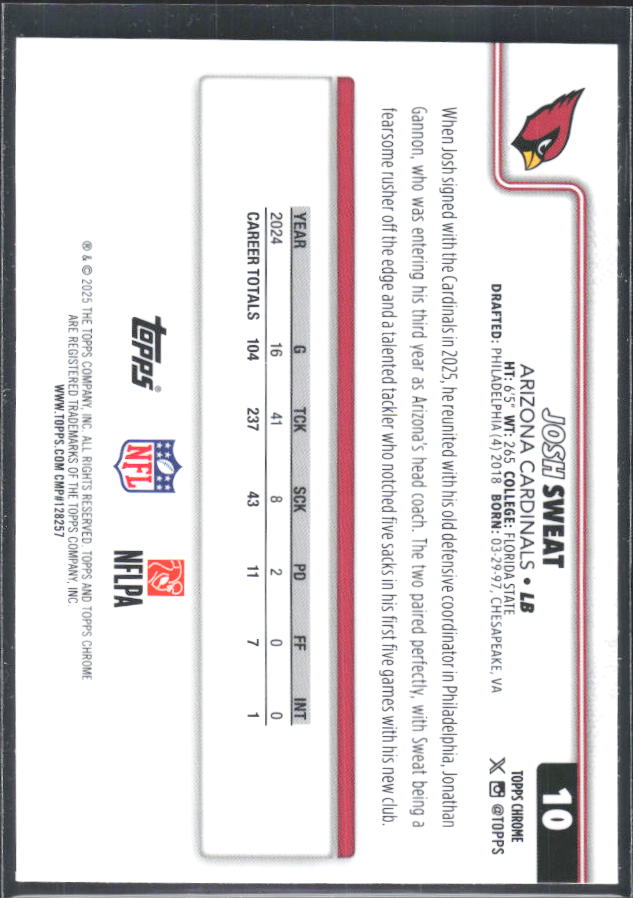 2025 Topps Chrome #10 Josh Sweat – baksida