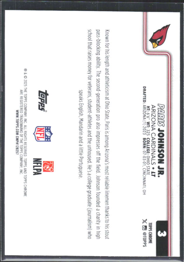 2025 Topps Chrome #3 Paris Johnson Jr. – baksida