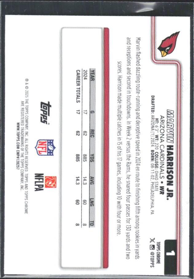 2025 Topps Chrome #1 Marvin Harrison Jr. – baksida