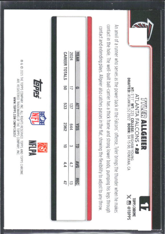2025 Topps Chrome #17 Tyler Allgeier – baksida