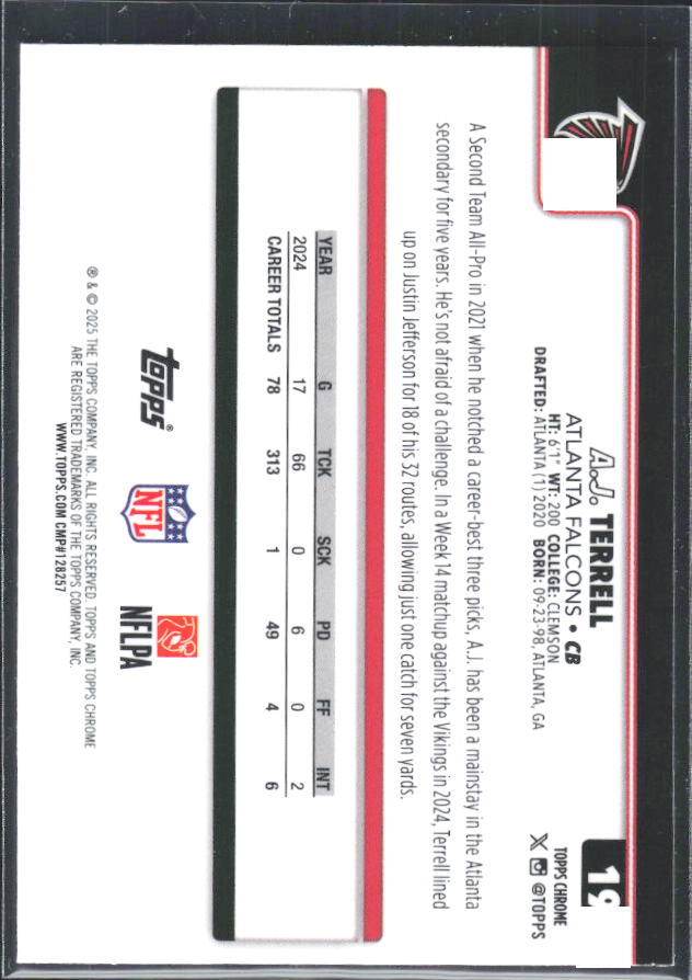 2025 Topps Chrome #19 A.J. Terrell – baksida