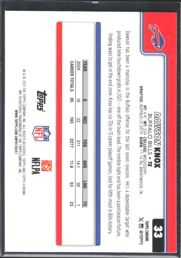 2025 Topps Chrome #33 Dawson Knox – baksida