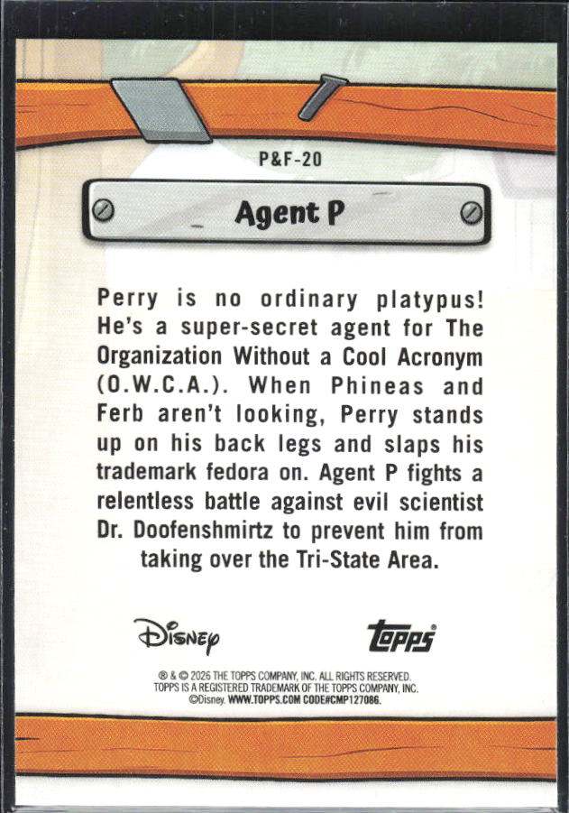 2026 Topps Disney Neon #P&F-20 Agent P Phineas & Ferb – baksida