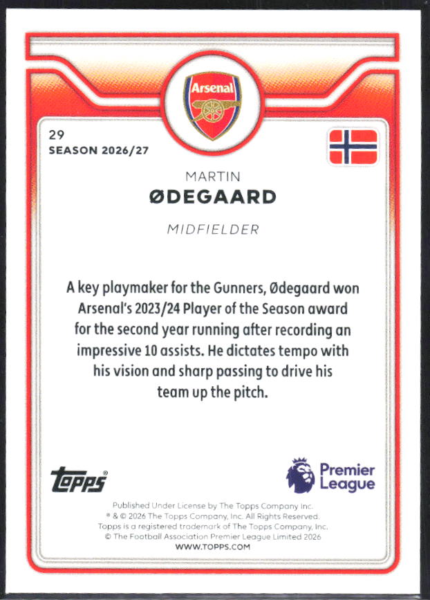 2026-27 Topps Premier League #29 Martin Ødegaard – baksida