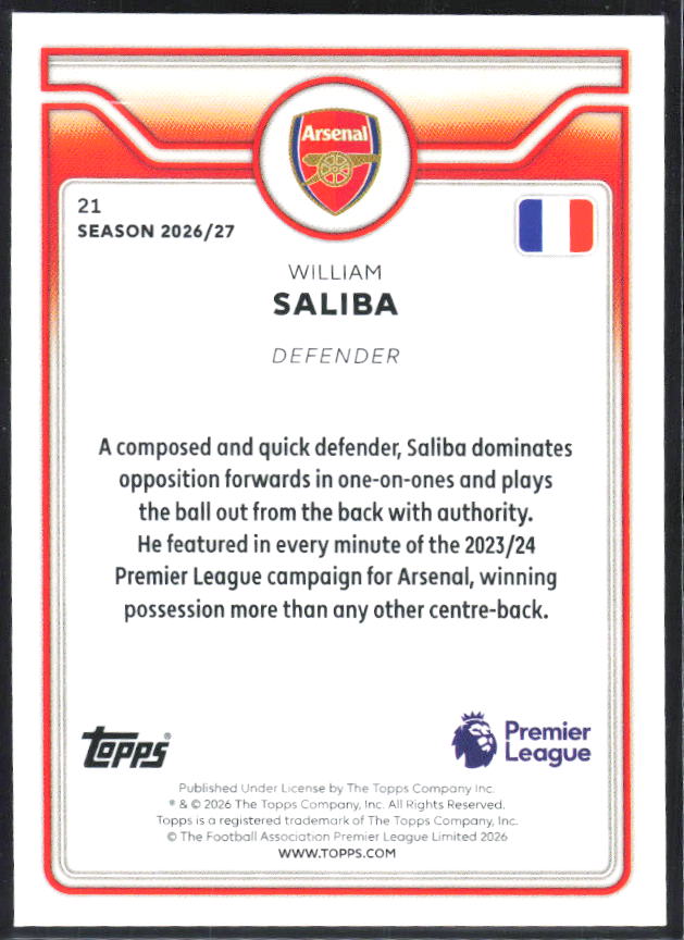 2026-27 Topps Premier League #21 William Saliba – baksida