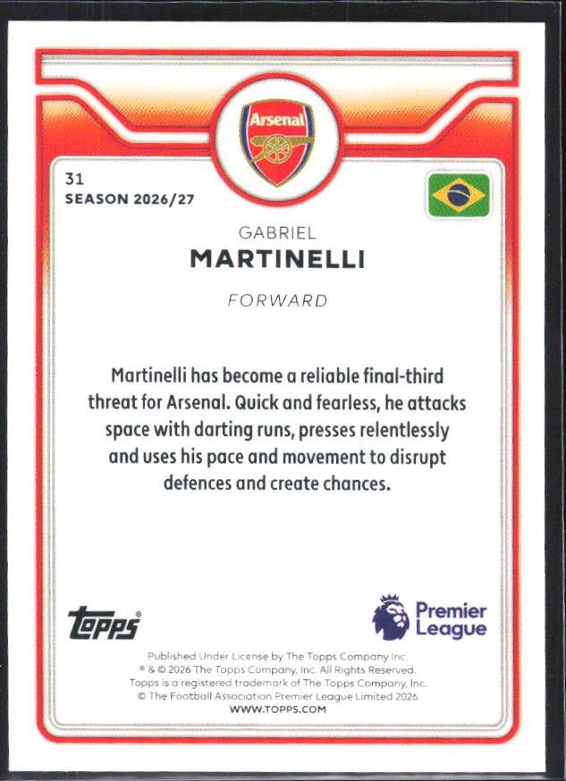 2026-27 Topps Premier League #31 Gabriel Martinelli – baksida
