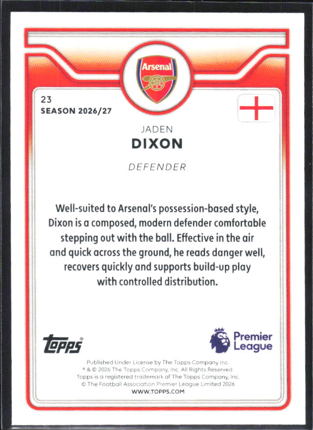 2026-27 Topps Premier League #23 Jaden Dixon – baksida