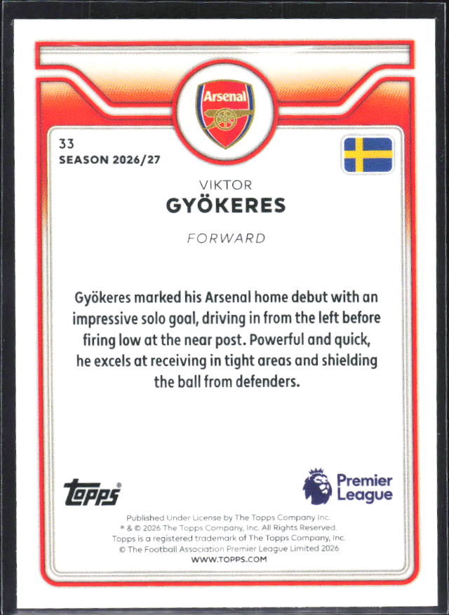 2026-27 Topps Premier League #33 Viktor Gyökeres – baksida