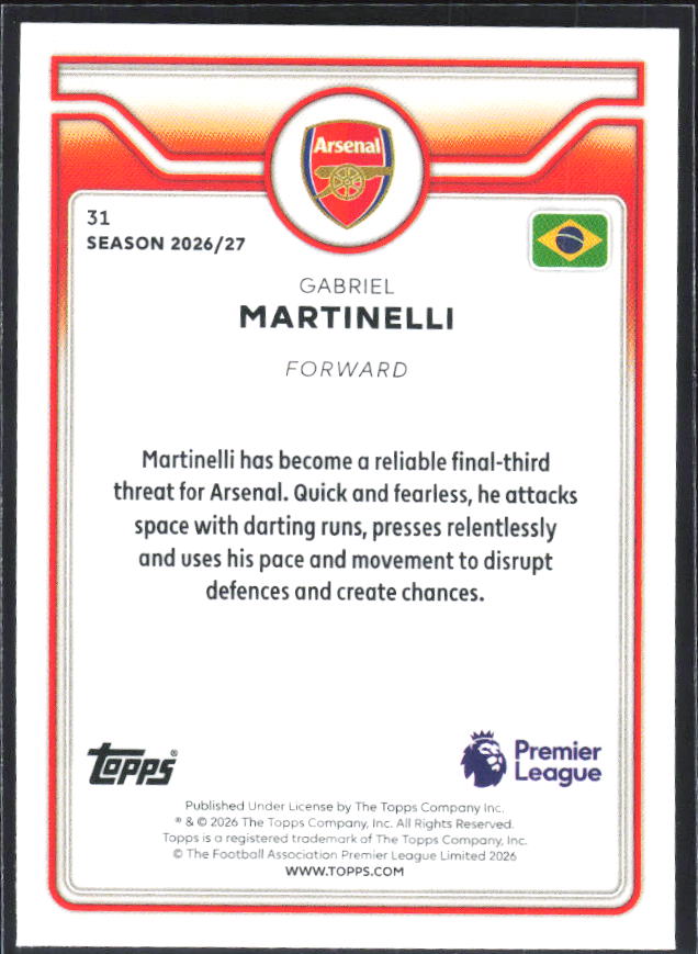 2026-27 Topps Premier League #31 Gabriel Martinelli – baksida