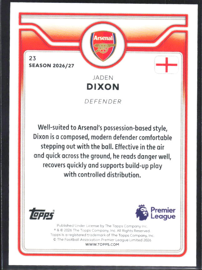 2026-27 Topps Premier League #23 Jaden Dixon – baksida