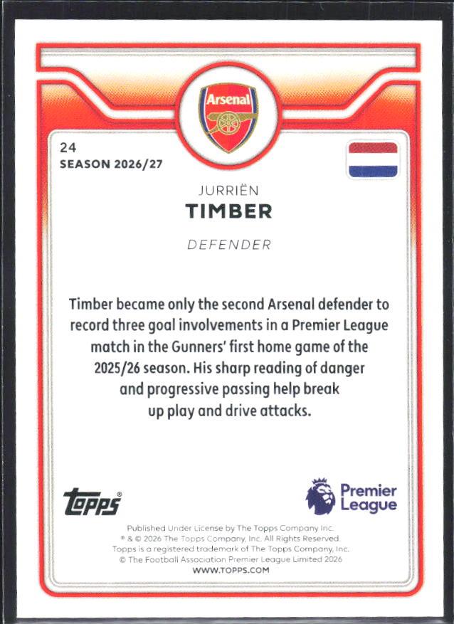 2026-27 Topps Premier League #24 Jurriën Timber – baksida