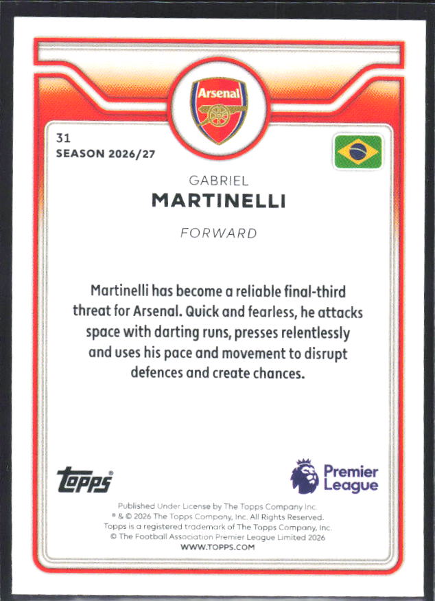 2026-27 Topps Premier League #31 Gabriel Martinelli – baksida