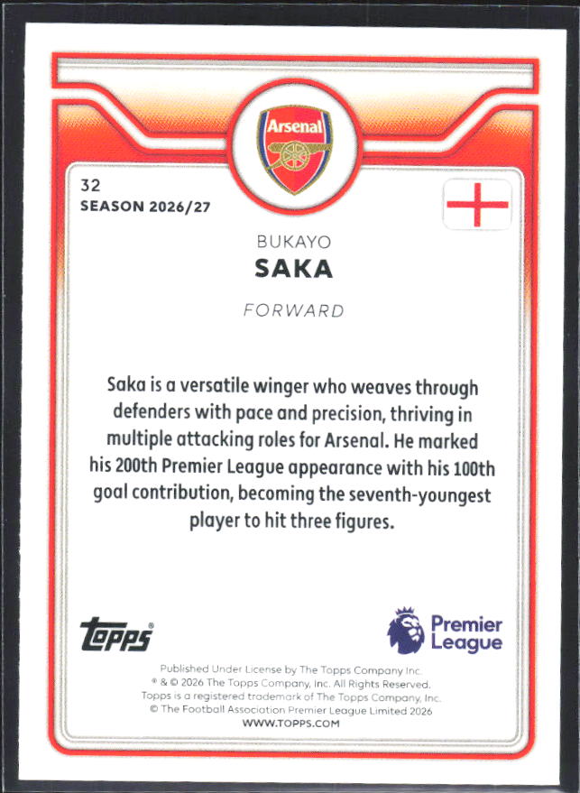2026-27 Topps Premier League #32 Bukayo Saka – baksida