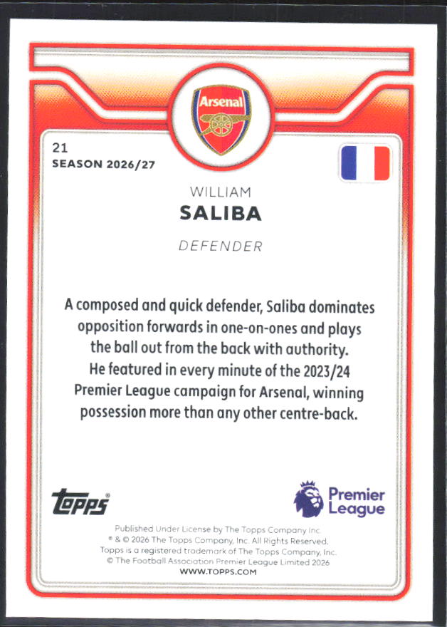 2026-27 Topps Premier League #21 William Saliba – baksida