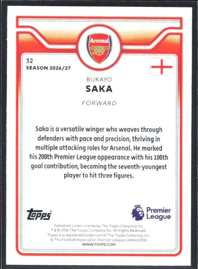 2026-27 Topps Premier League #32 Bukayo Saka – baksida