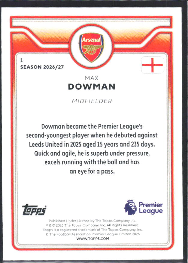 2026-27 Topps Premier League Future Stars #1 Max Dowman – baksida