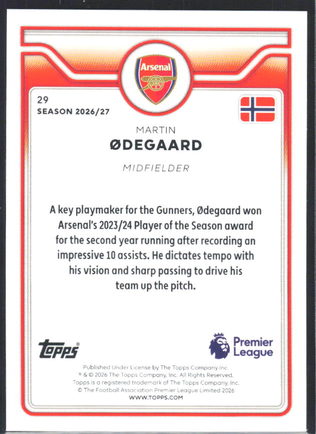 2026-27 Topps Premier League #29 Martin Ødegaard – baksida
