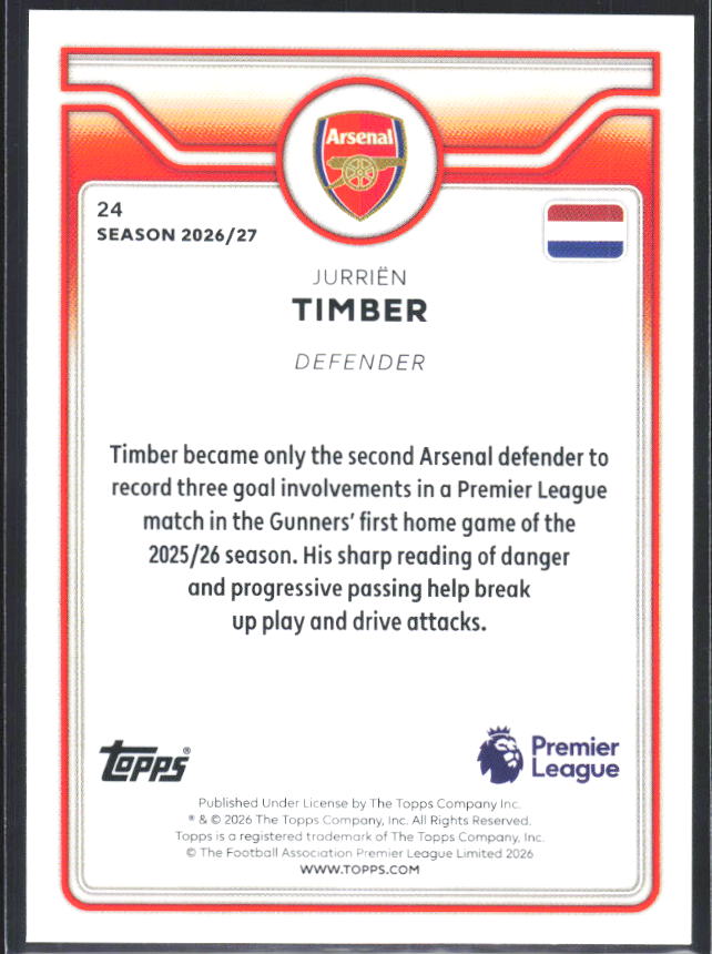 2026-27 Topps Premier League #24 Jurriën Timber – baksida