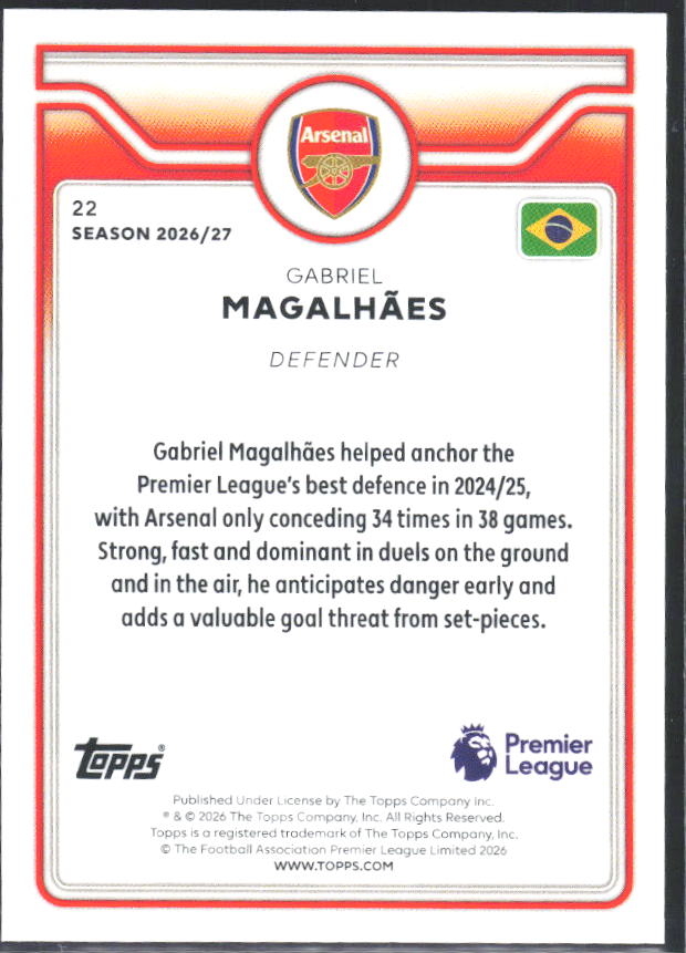 2026-27 Topps Premier League #22 Gabriel Magalhães – baksida