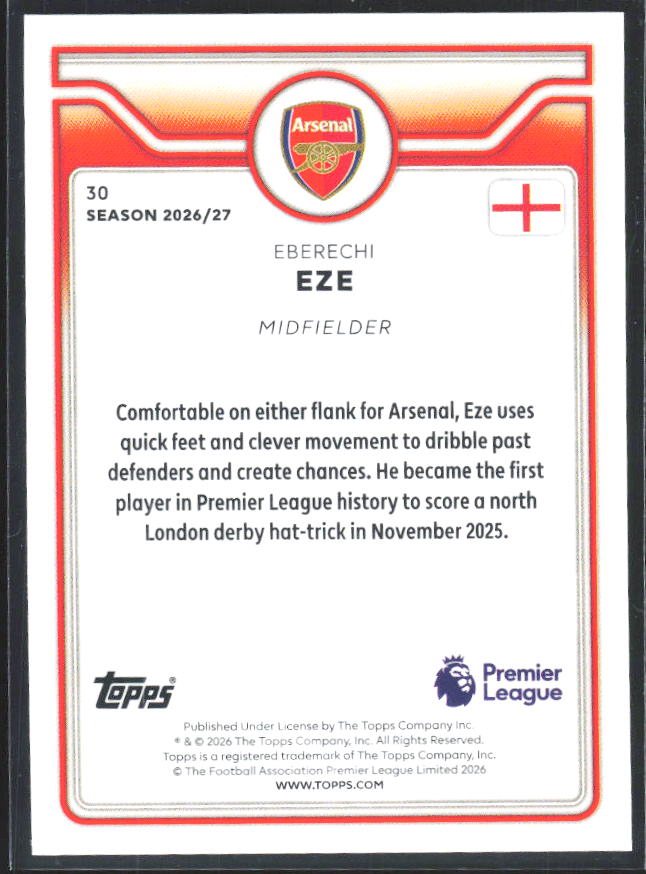 2026-27 Topps Premier League #30 Eberechi Eze – baksida