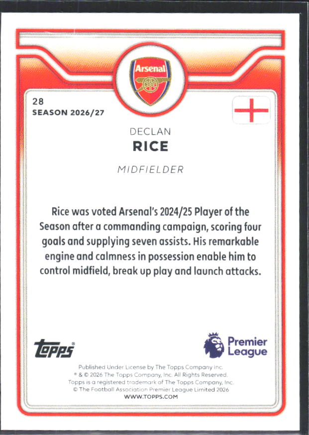 2026-27 Topps Premier League #28 Declan Rice – baksida