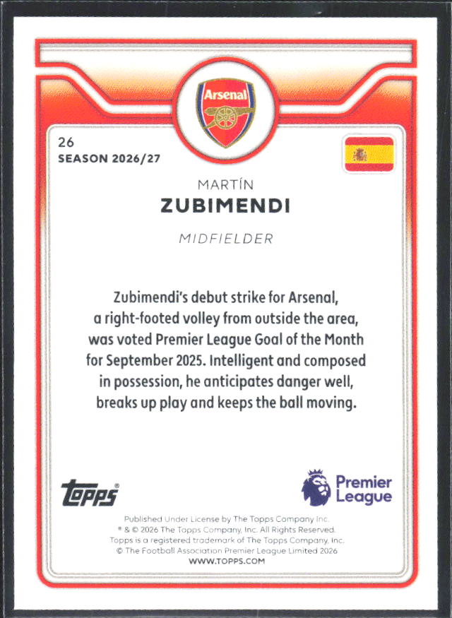 2026-27 Topps Premier League #26 Martín Zubimendi – baksida