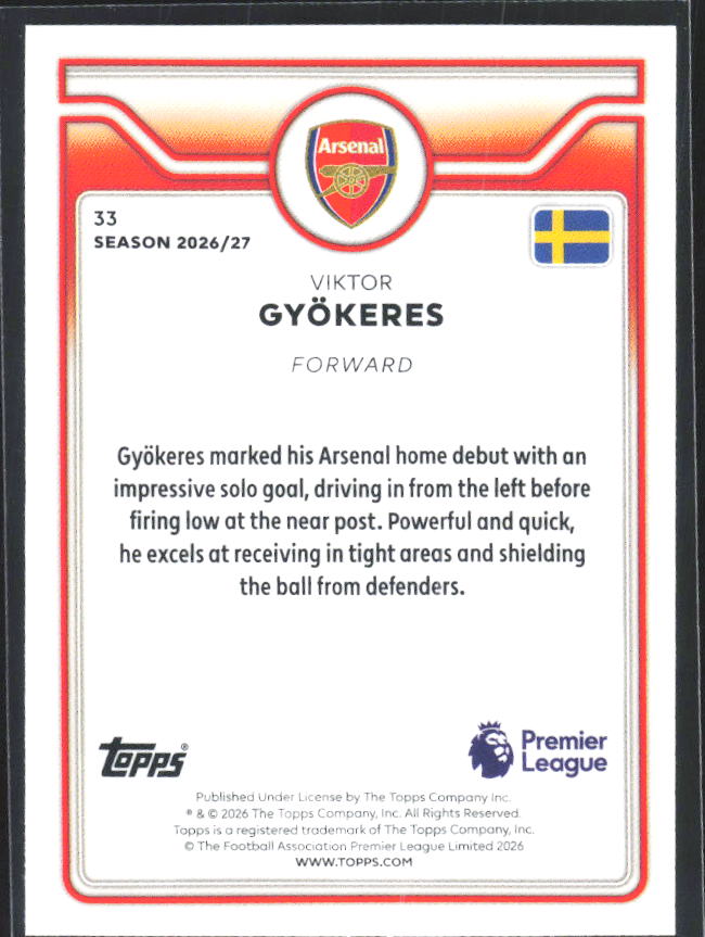 2026-27 Topps Premier League #33 Viktor Gyökeres – baksida
