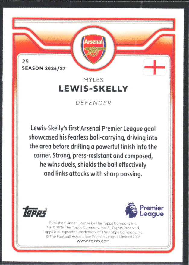 2026-27 Topps Premier League #25 Myles Lewis-Skelly – baksida