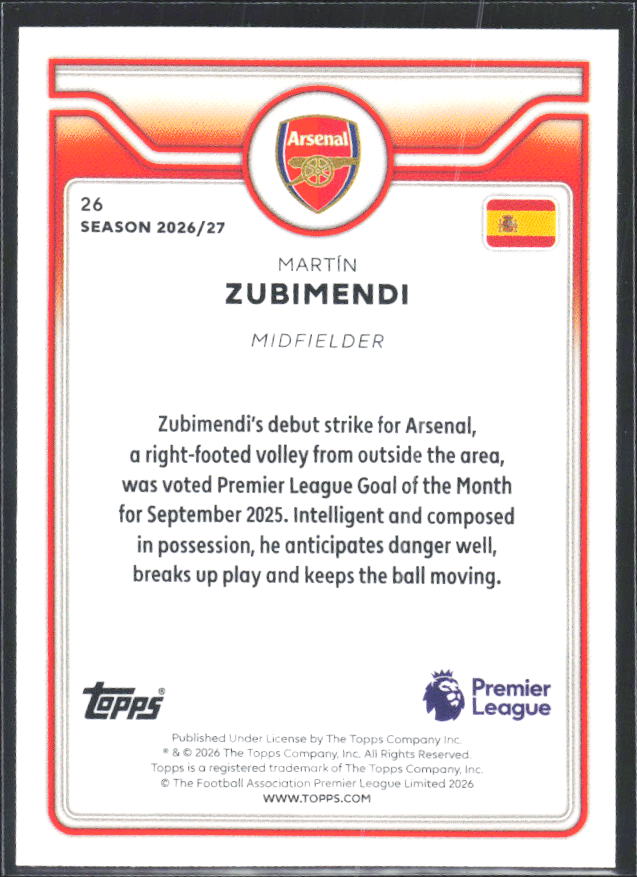 2026-27 Topps Premier League #26 Martín Zubimendi – baksida