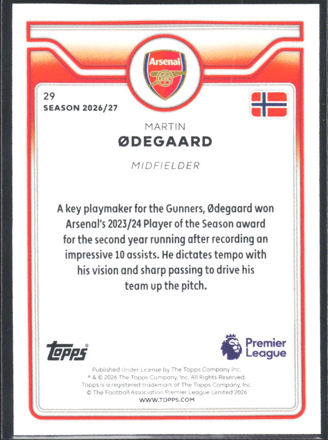 2026-27 Topps Premier League #29 Martin Ødegaard – baksida