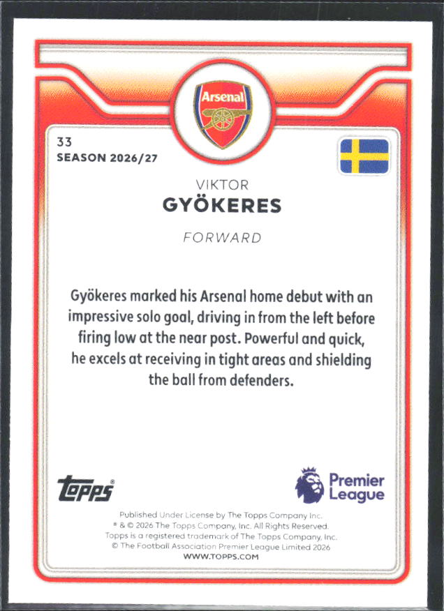 2026-27 Topps Premier League #33 Viktor Gyökeres – baksida
