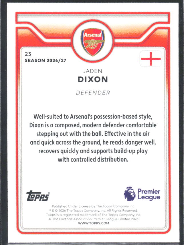 2026-27 Topps Premier League #23 Jaden Dixon – baksida