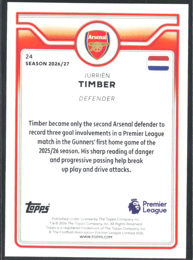 2026-27 Topps Premier League #24 Jurriën Timber – baksida