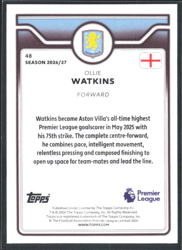 2026-27 Topps Premier League #48 Ollie Watkins – baksida