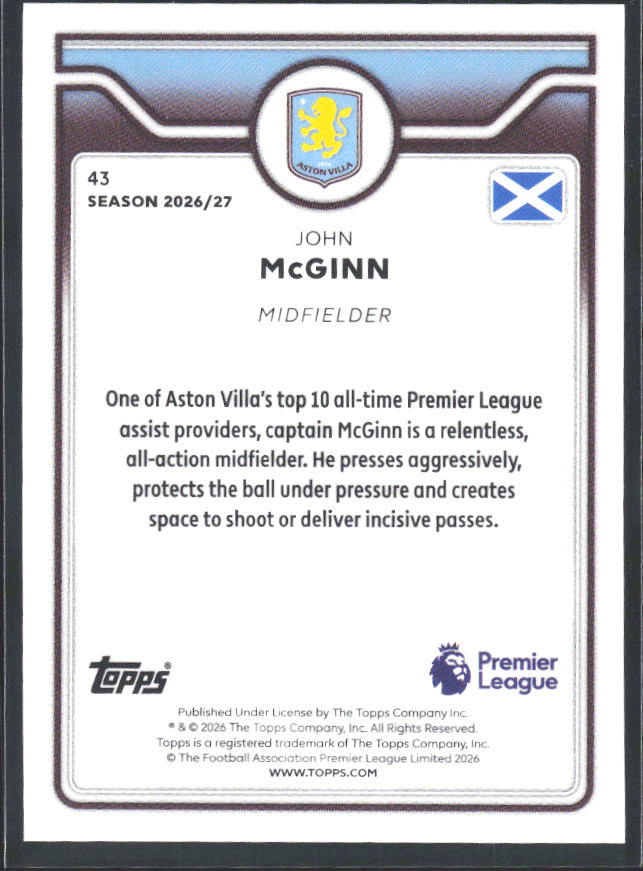 2026-27 Topps Premier League #43 John McGinn – baksida