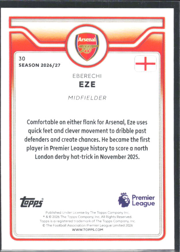 2026-27 Topps Premier League #30 Eberechi Eze – baksida