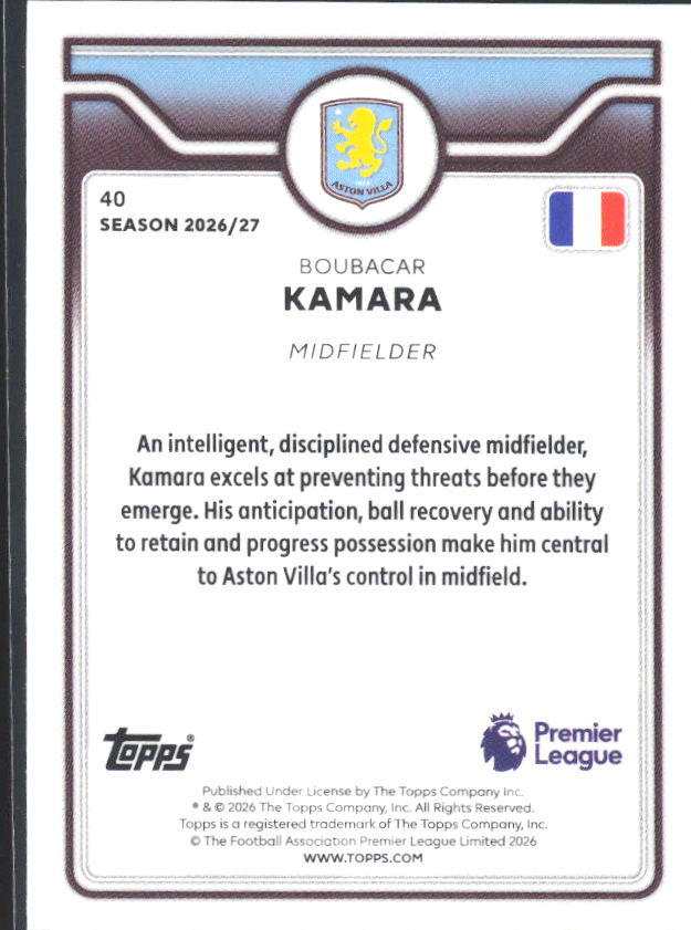 2026-27 Topps Premier League #40 Boubacar Kamara – baksida