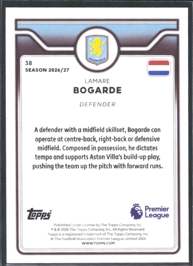 2026-27 Topps Premier League #38 Lamare Bogarde – baksida