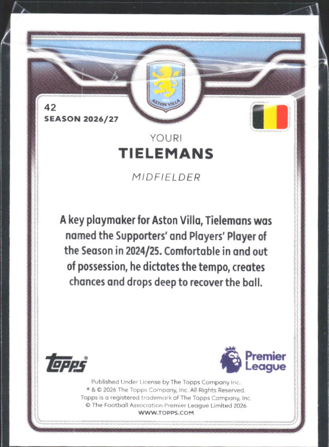 2026-27 Topps Premier League #42 Youri Tielemans – baksida